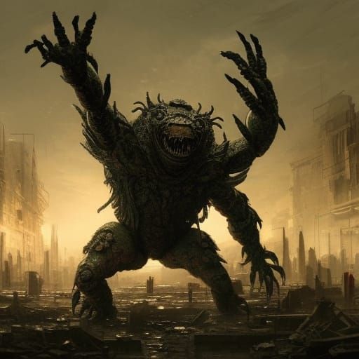 a crab monster with huge paws and a humanoid shape, on its b...