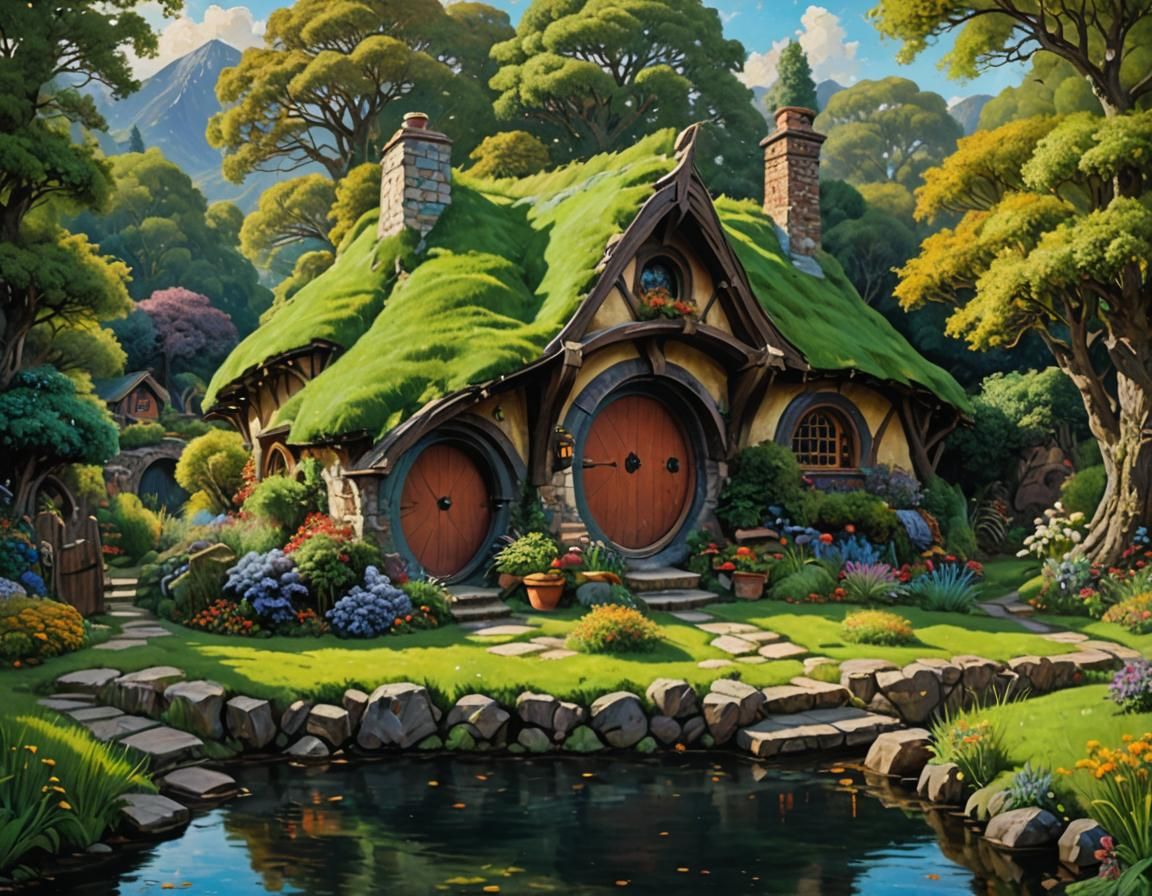 Gorgeous hobbit house, neo-impressionism expressionist style...