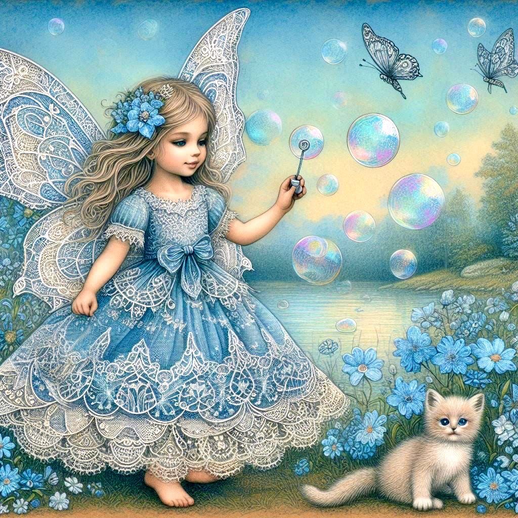 Blue Fairy with Kitten and Bubbles, by a Lake