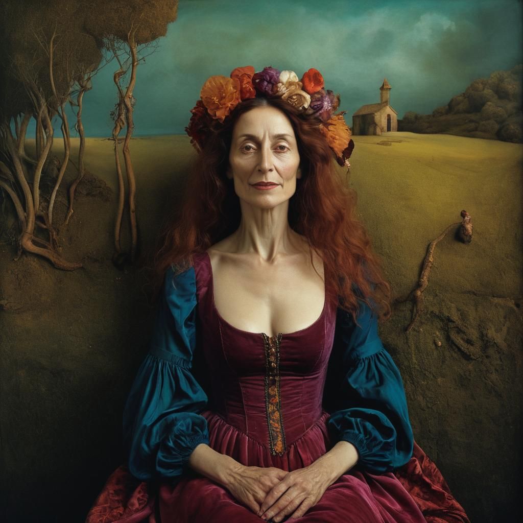 Attractive Pre-Raphaelite middle-aged woman looking happy