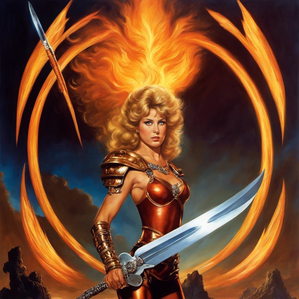 Fire In The Sky Masterpiece Beautiful Female Warrior With Flaming Sword