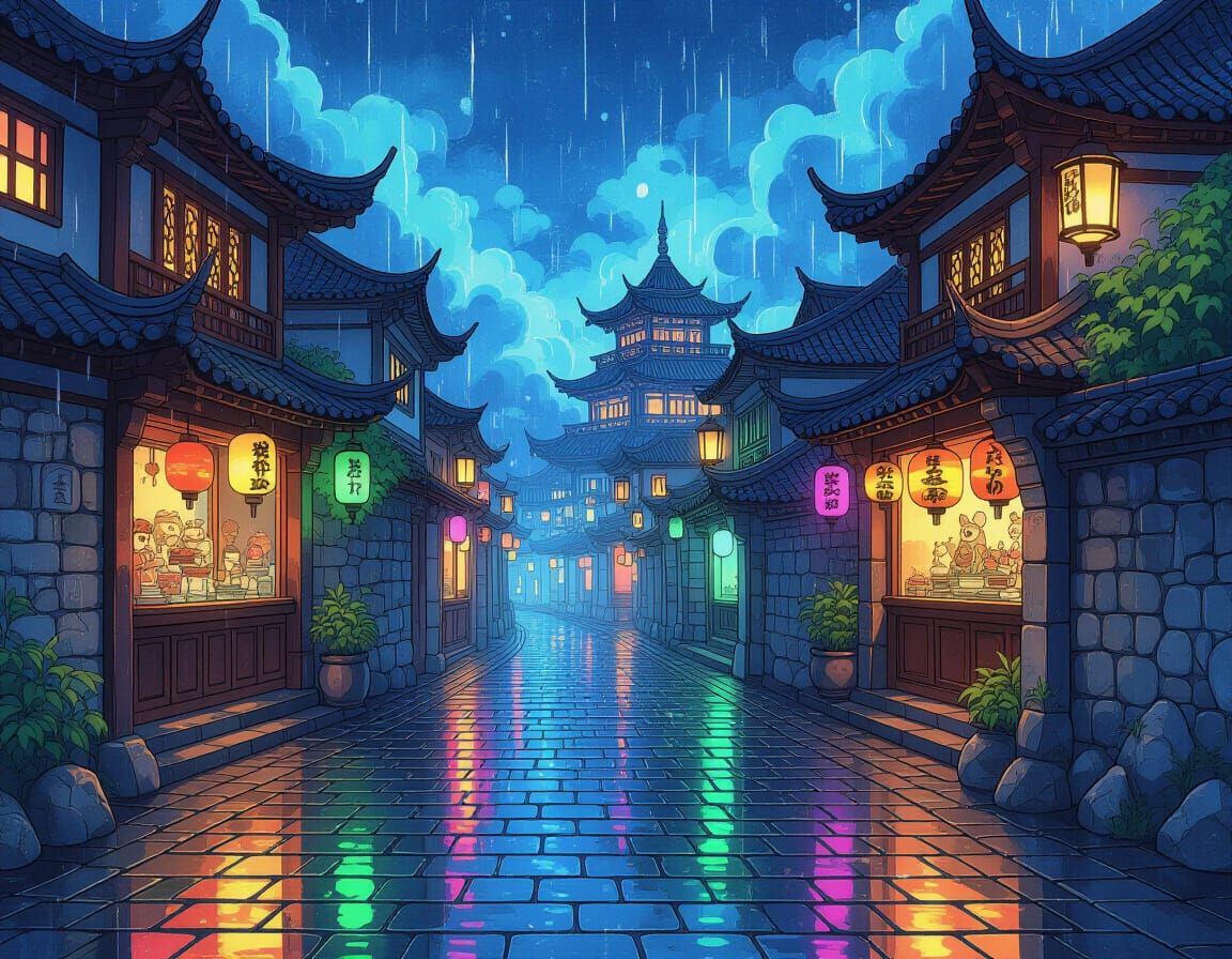 Rainy night in a fantasy realm. Intricate ornate lineart. Detailed brushstrokes colorful imaginative watercolor and ink painting style. Vivi...