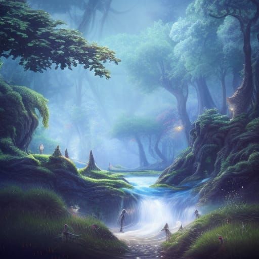 Highly detailed enchanted landscape with fairies mysterious trees ...