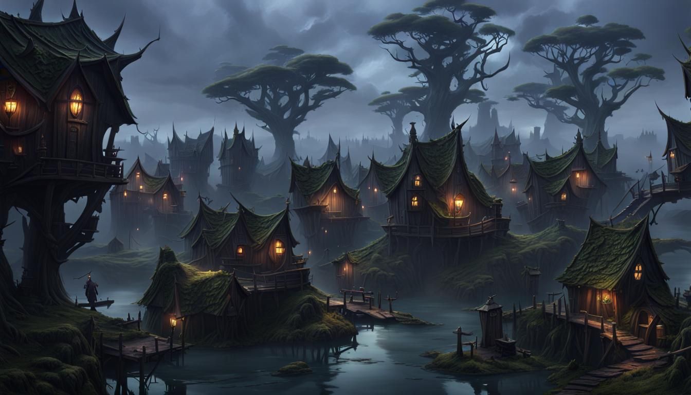 Dark fantasy goblin town located on a small hill surrounded by swamp ...