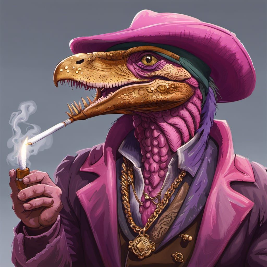 14th century clothing. zealot raptor. smoking a cigar, wearing a pink ...