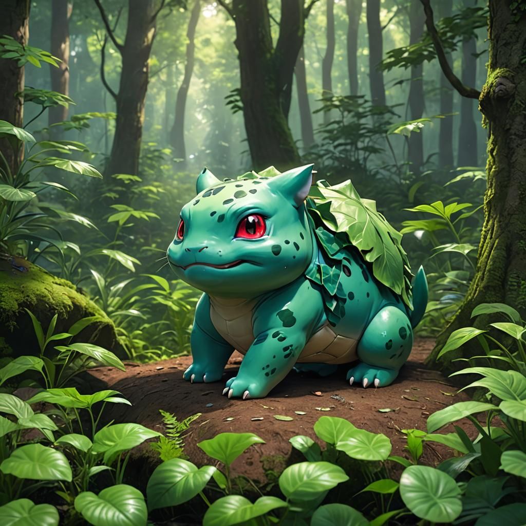 A female realistic Bulbasaur in a forest