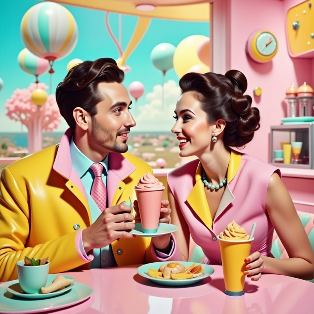 <lora:Sugar Rush:1.0> hyperrealism, retrofuturism, pastel, chrome, a young couple sharing an ice cream soda at a retro style diner
