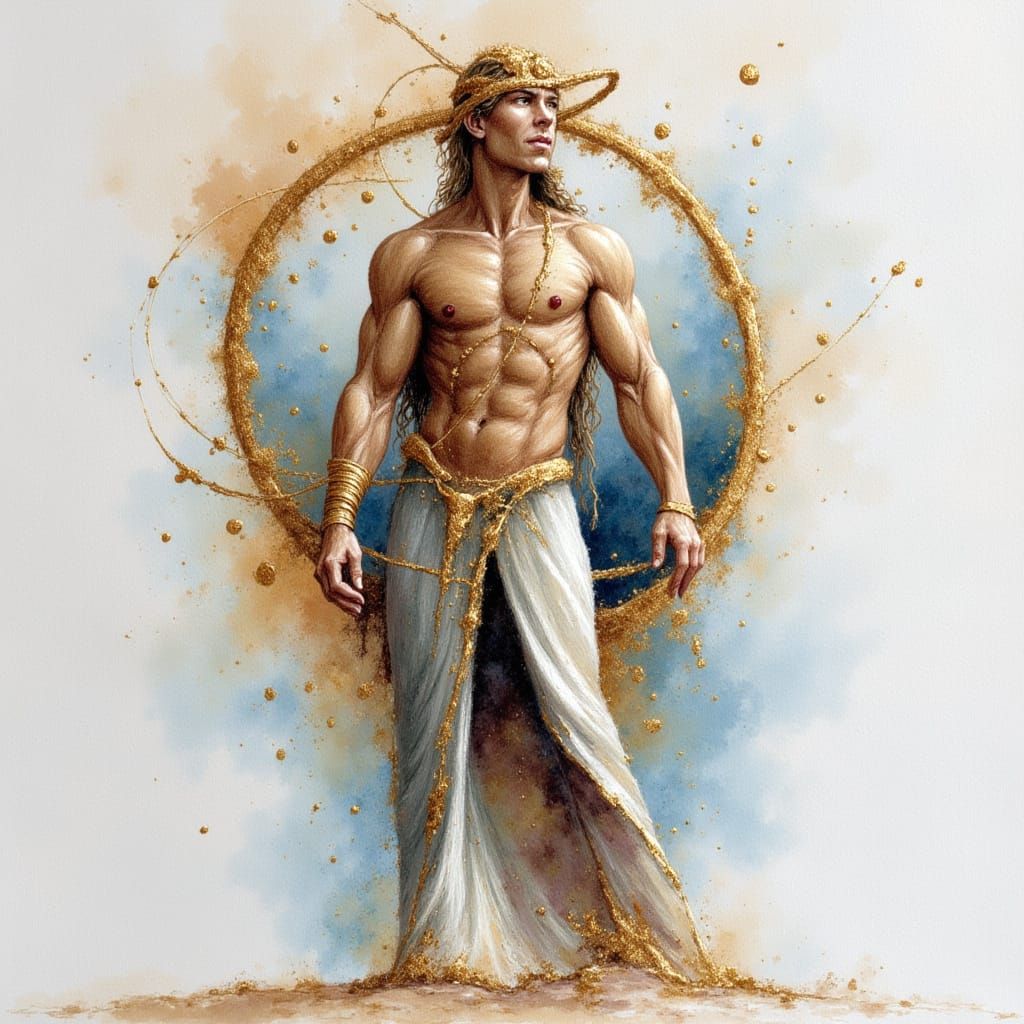 Alcohol ink sketch, mystic Celtic holy man, in the style of Victoria Frances and Luis Royo, summer colors <lora:Geo gos:1.0>