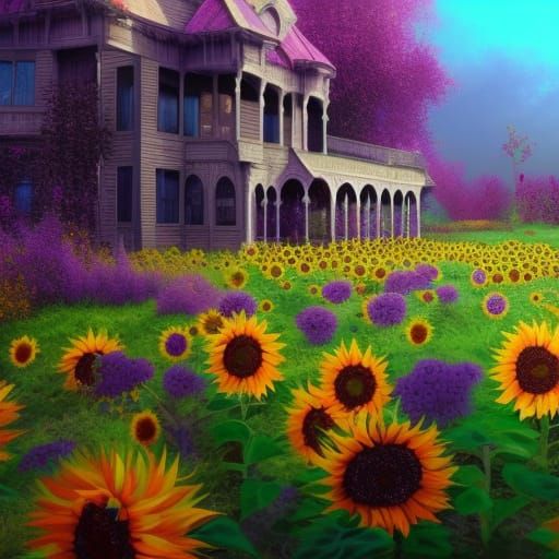 Haunted house ;

sunflowers and roses ; purple and peach ; t...