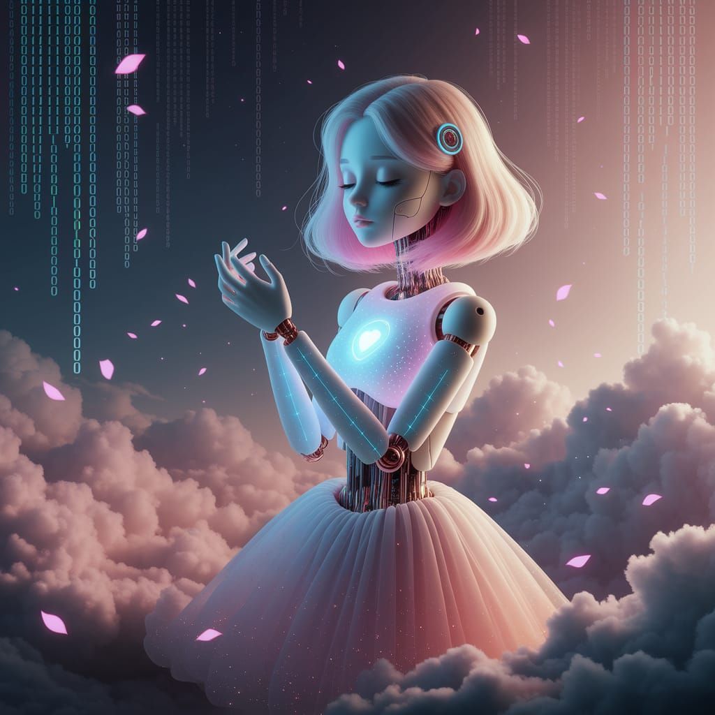 Ethereal Android Girl in Celestial Cloudscape Digital Art