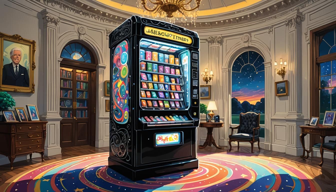 Layered 3D Art, a glowing magical vending machine in the ova...
