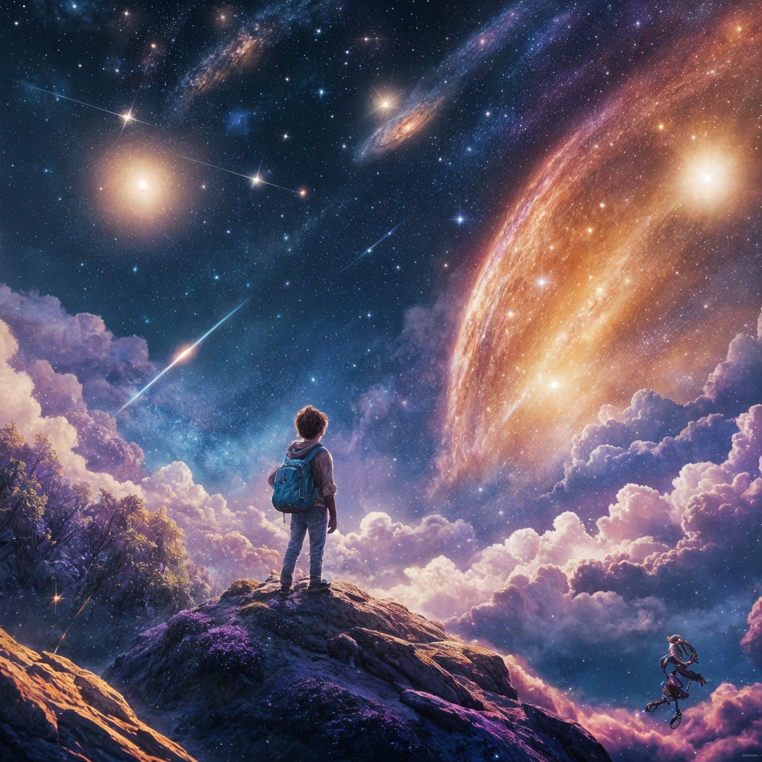 A whimsical Disney-style animation scene of a magical journey through the stars. A young traveler rides ...  by @Zacharo