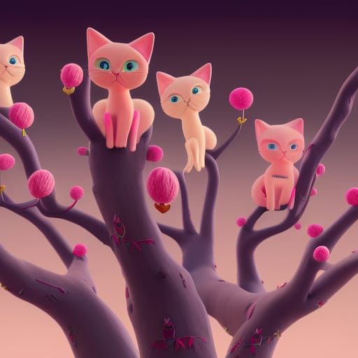 Pink cats in a tree with balls of yarn