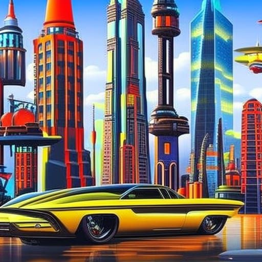 depicts the famous cityscape in the style of retrofuturism. ...