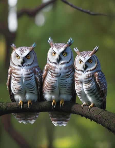 Colorful Fluffy Owls on a Branch