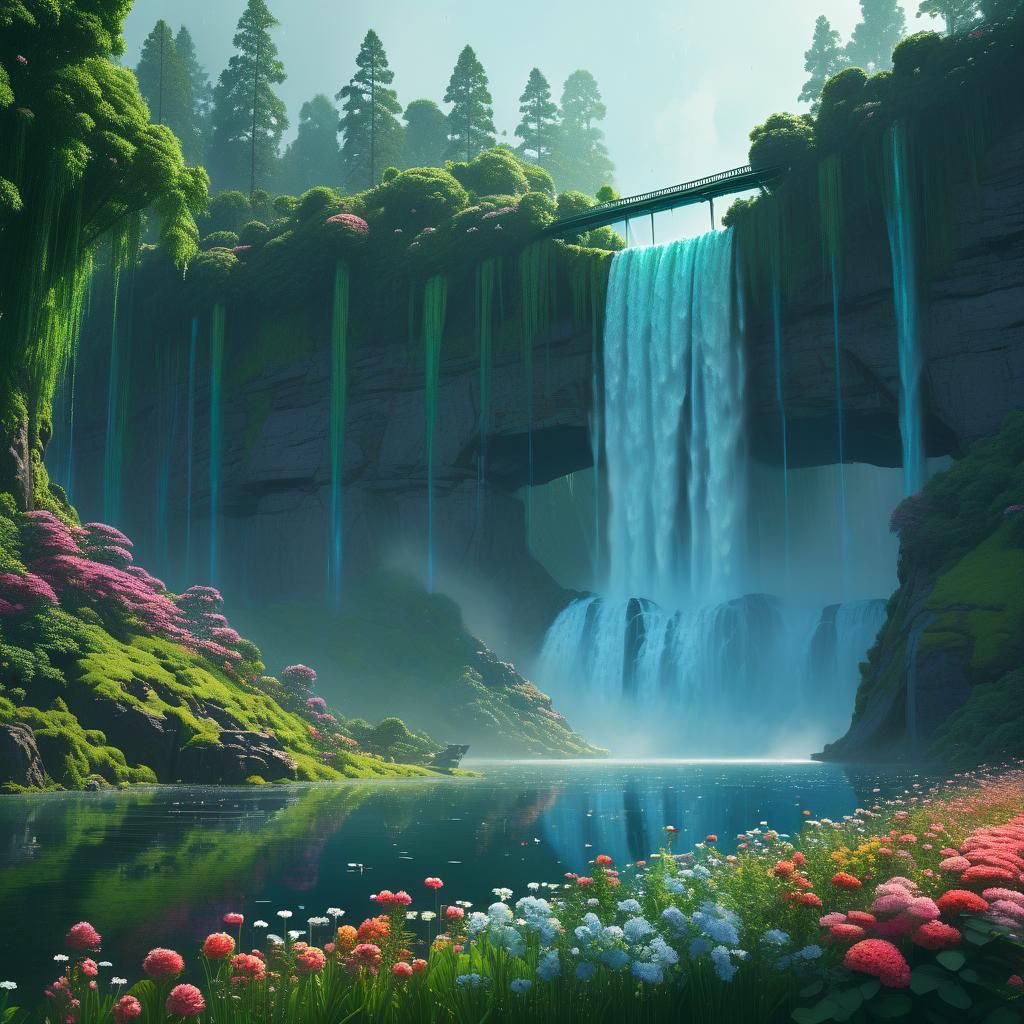 Majestic Waterfall with Rainbow Bridge, Fantasy Concept Art