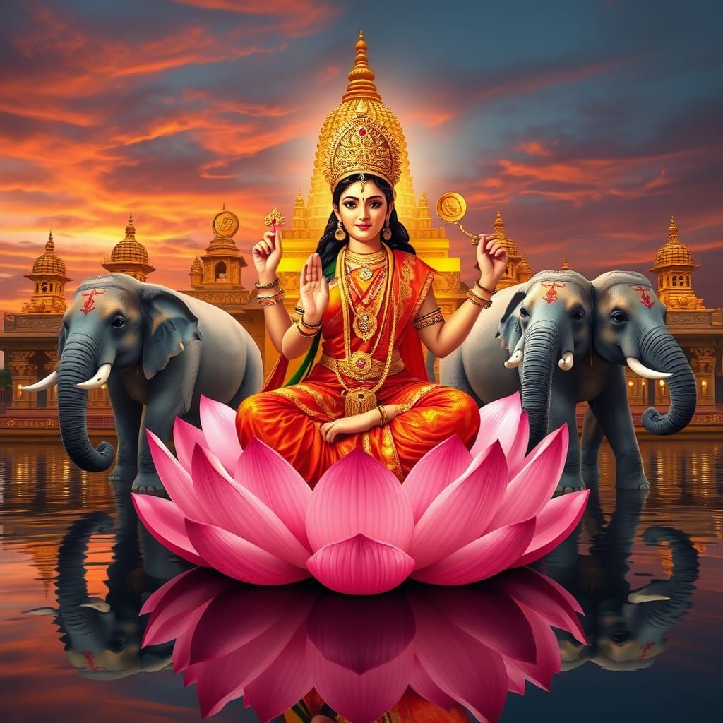 Goddess Lakshmi in Resplendent Splendor, Seated on... - AI Art