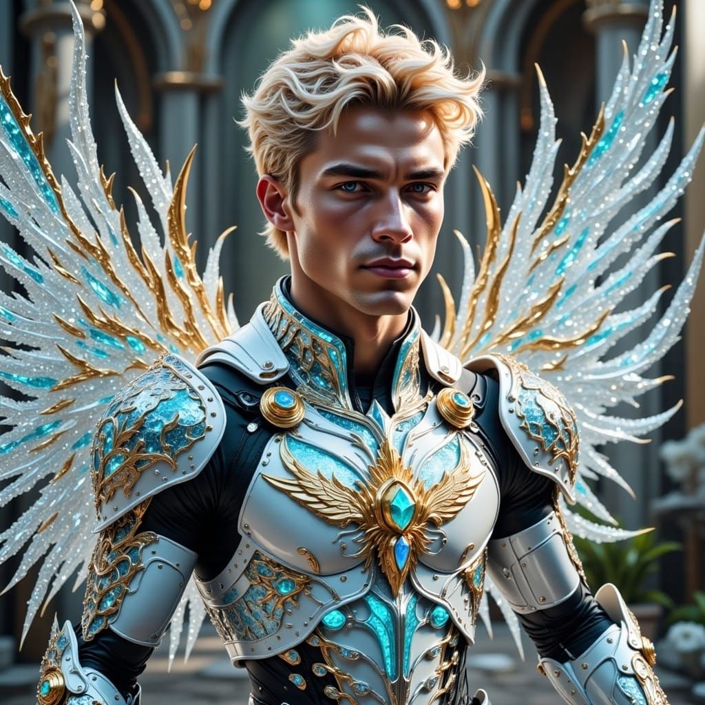 Handsome prince charming blonde hair muscle , muscle white uranium titanium faberge armor thorns white orchids diamonds rubies emeralds jasp...