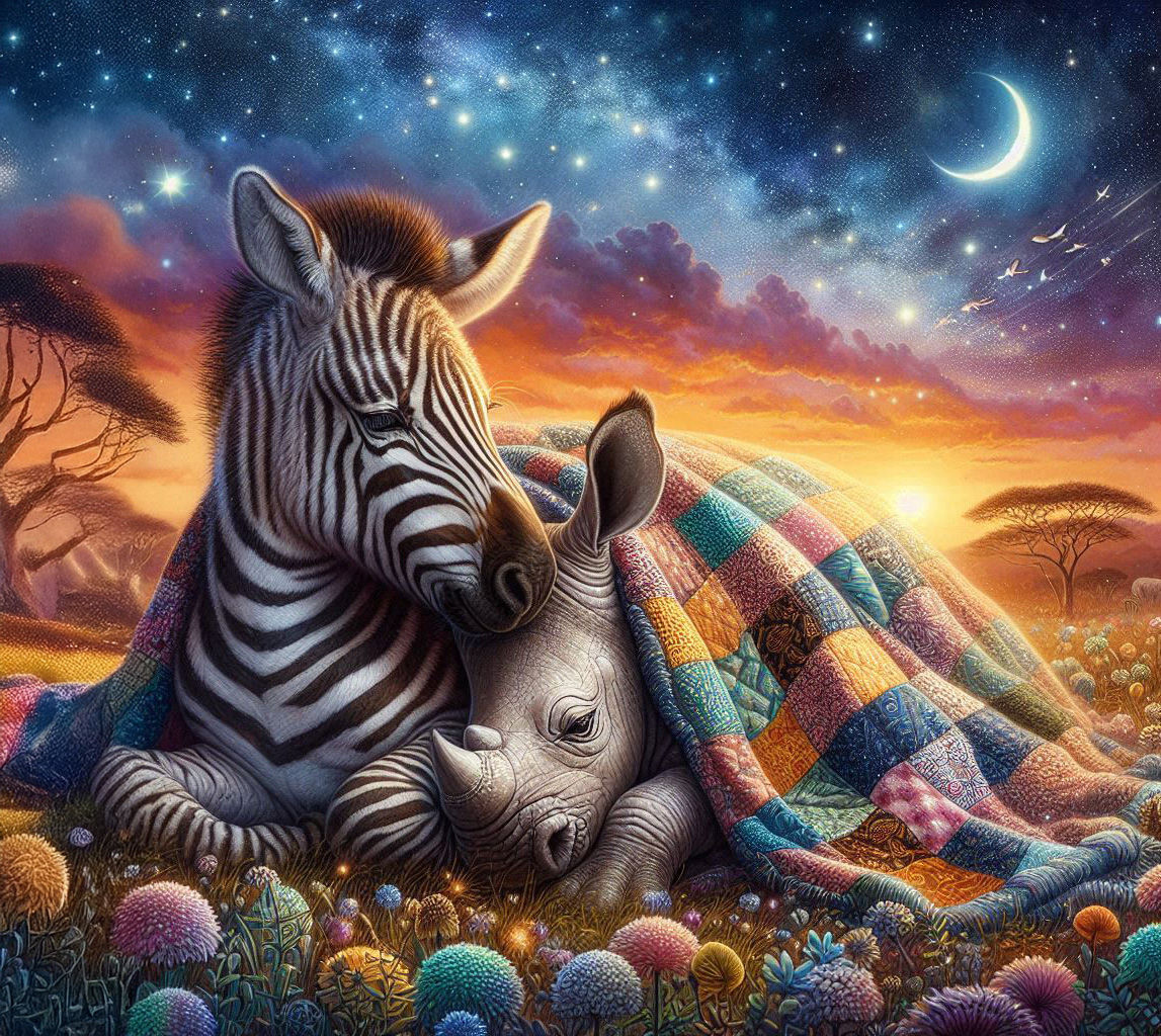 Rhino and Zebra snuggles under a blanket