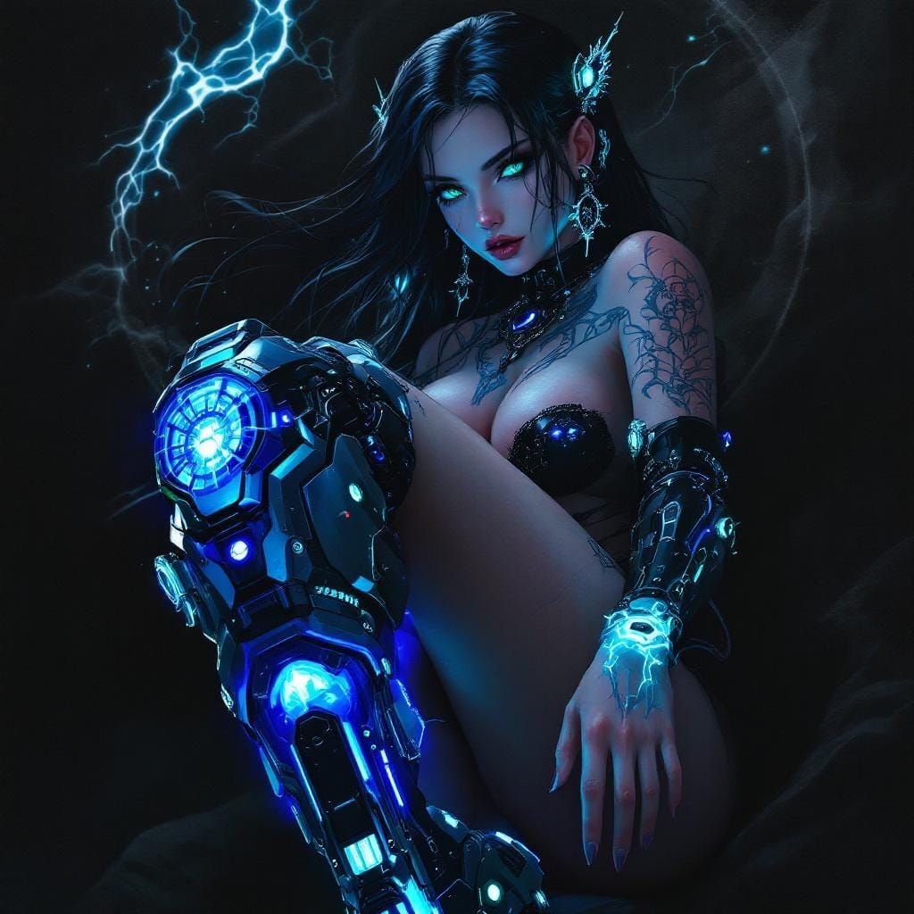 a cinematic photo of a captivating cyberpunk woman with intricately designed cybernetic enhancements merging seamlessly with medieval fantas...