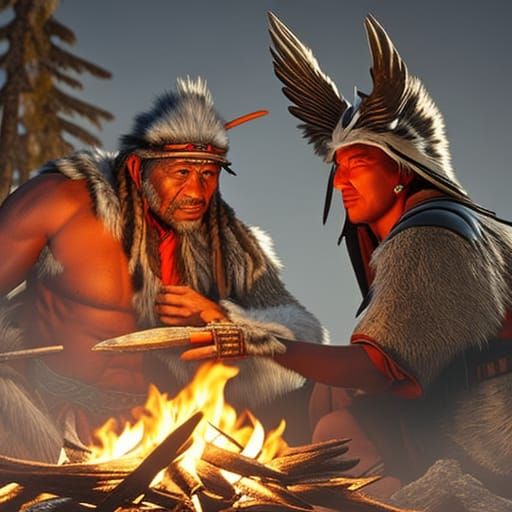 Medicine man talking to his young son.  by @Snofuro