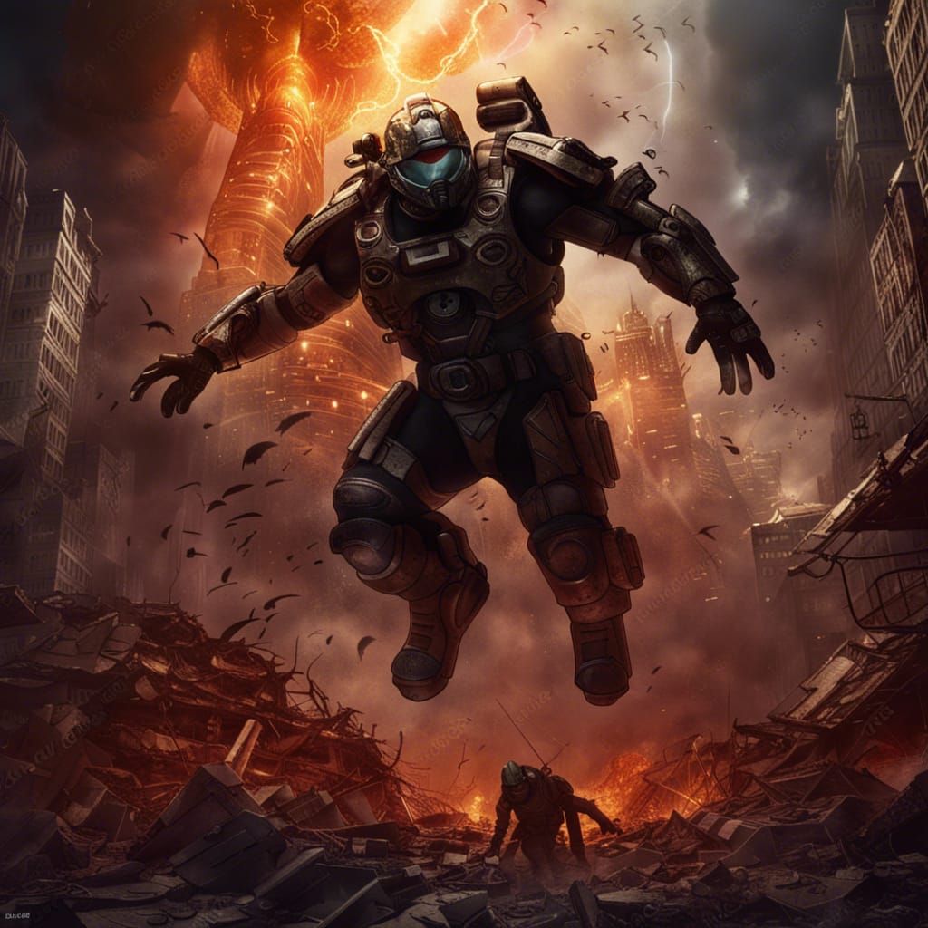 male soldier falling from heaven halo spartan into hell surr...