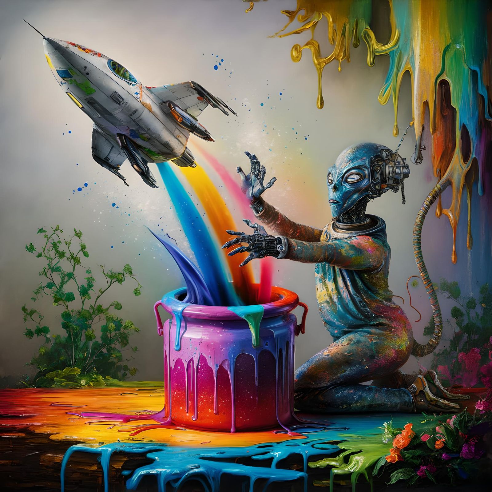 Alien launch a spaceship from a  colored paint