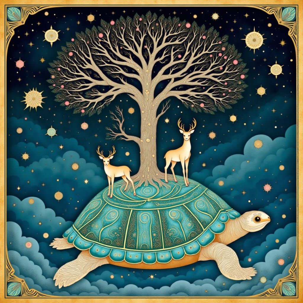 Stylized Turtle Sky with Blossom Tree and Deer