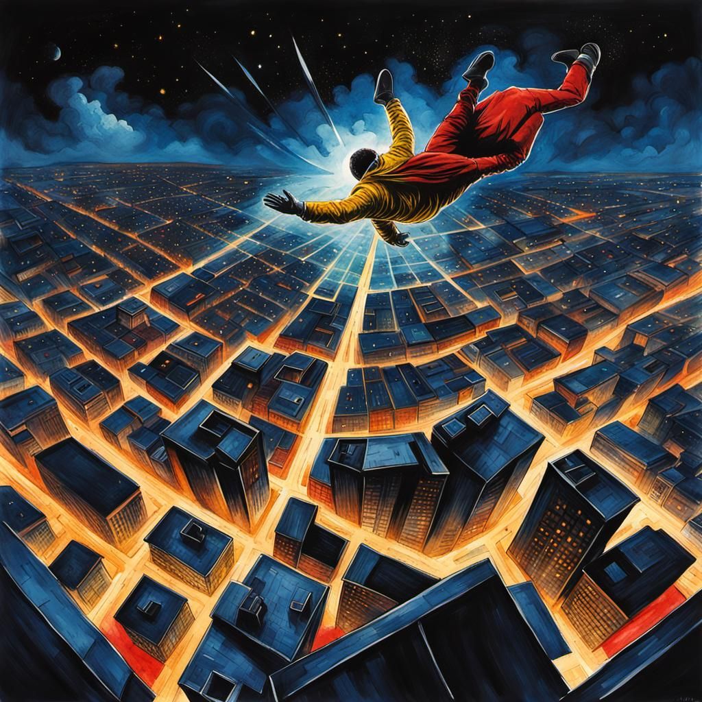 Man Falling into Cosmos: Sinister Oil Painting