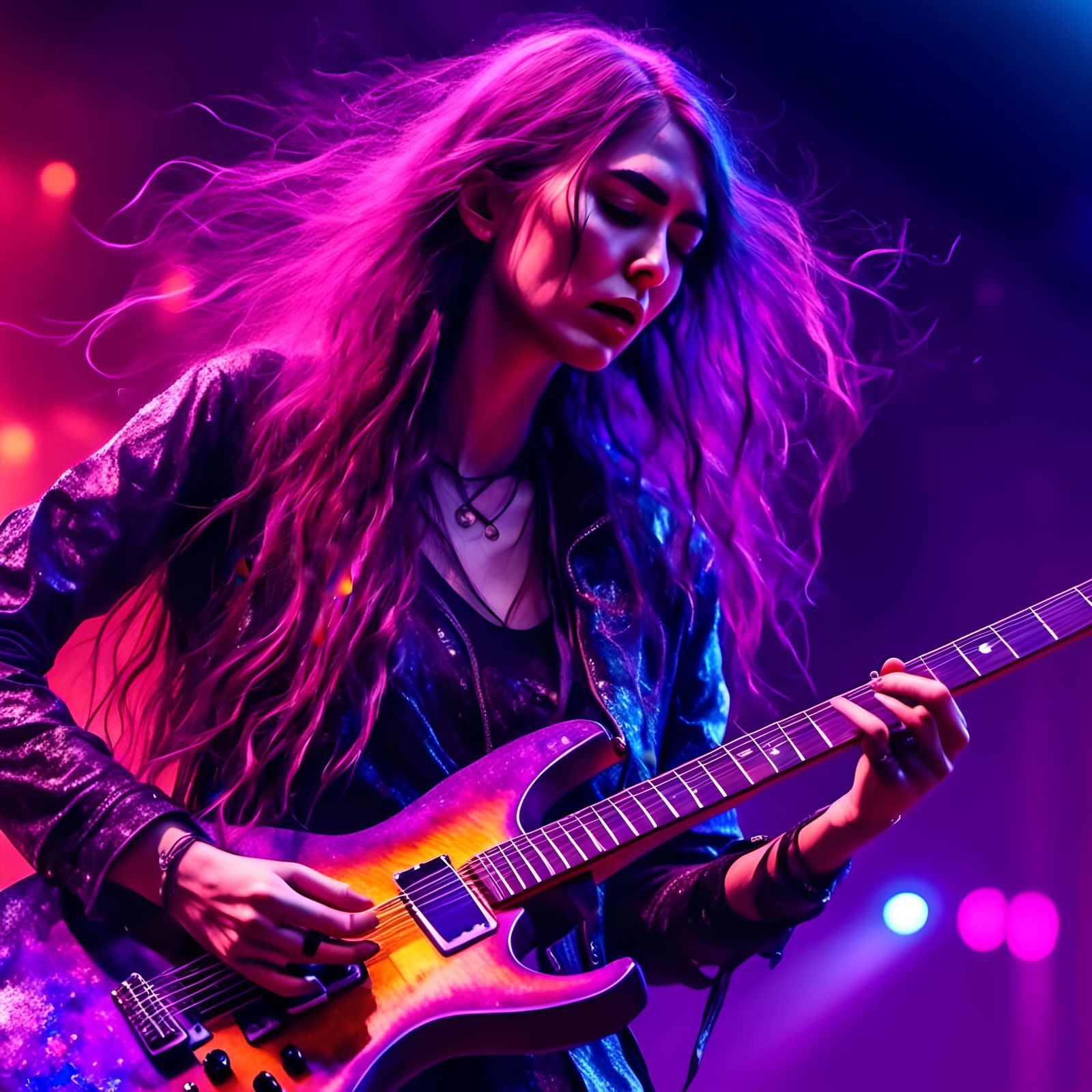 <lora:Liquid Ink:1.0> cool hard playing rockstar woman on stage, playing a heavy metal guitar, full in action, long wet ...