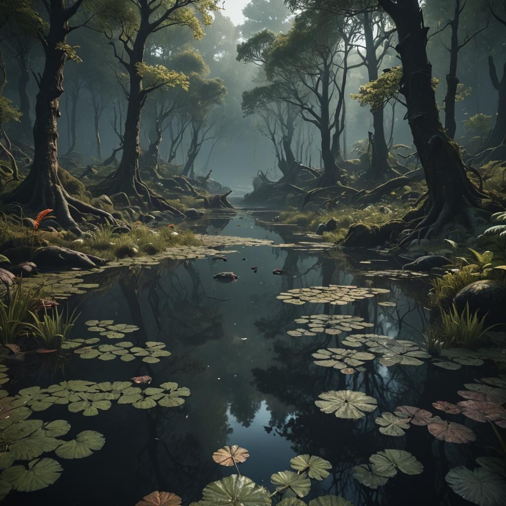 a silent, dark pond in the deep forest. the water is black. ...