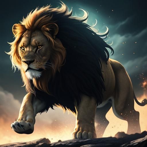 A fantasy card game illustration of an angry lion with glowi...