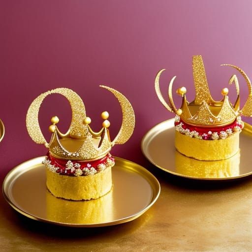 Bigs golden cake curls and the three golden crown little pigs on the golden table and golden plates