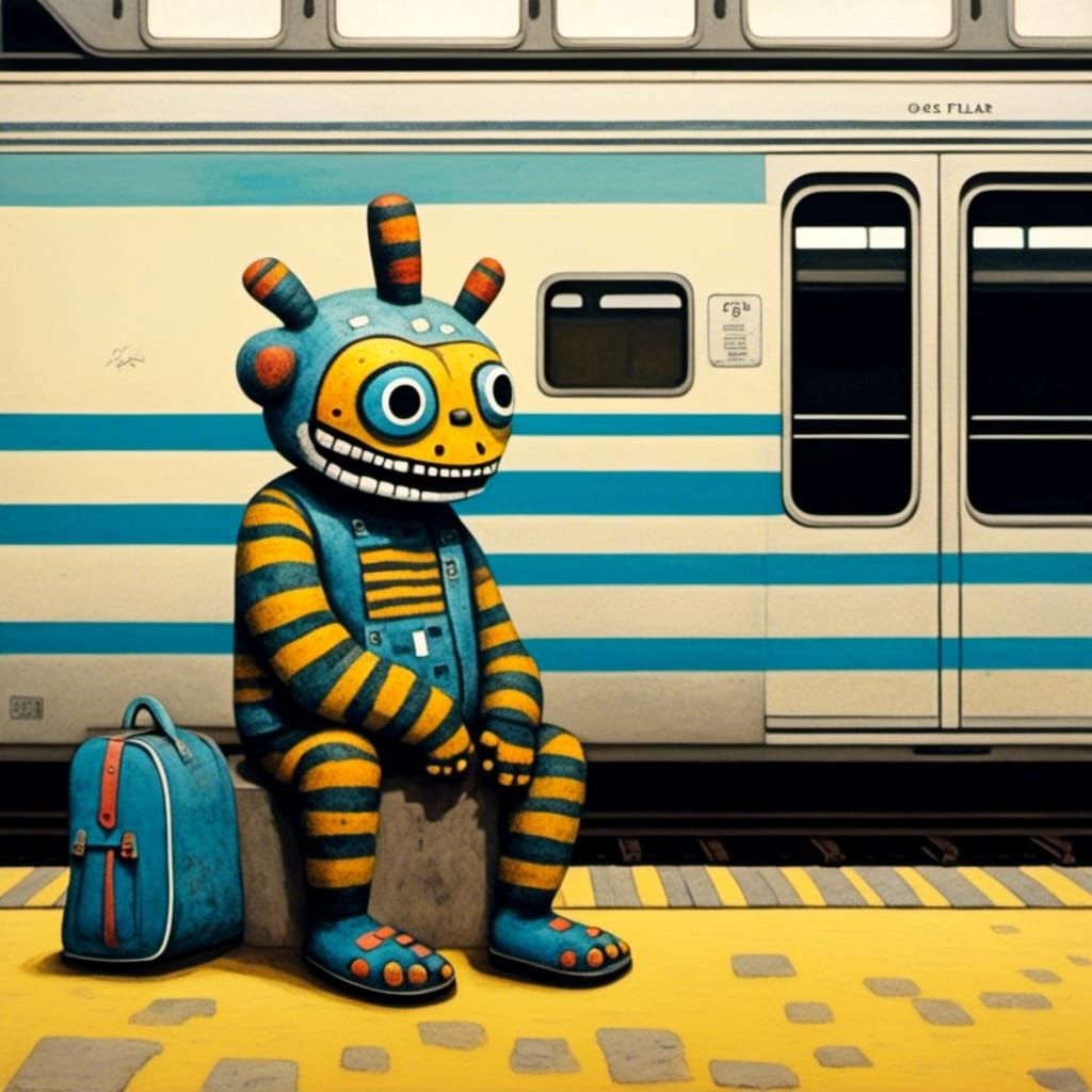  <lora:Dubuffet Dolls:1.0> A person waiting at a train station