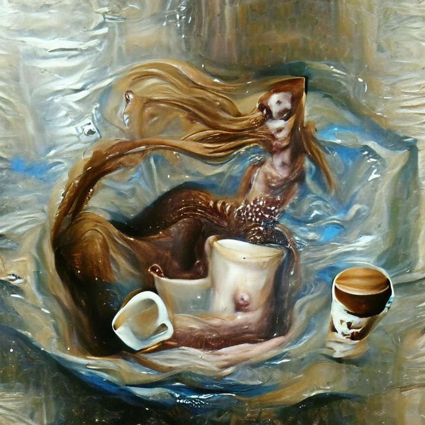 Mermaid in a cup of coffee. Oil Painting
