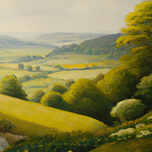 English countryside in spring rolling hills and fields oil o...