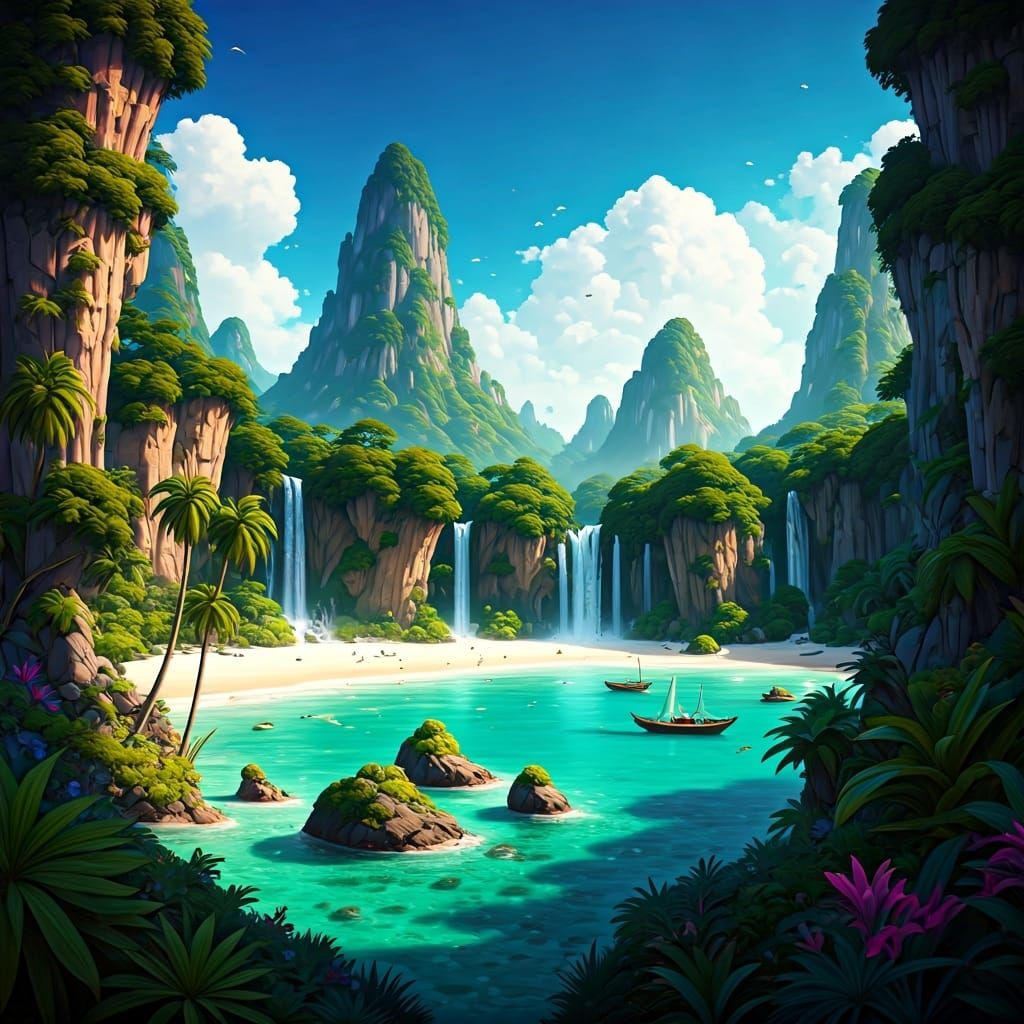 Enchanted Tropical Island Paradise with Waterfalls
