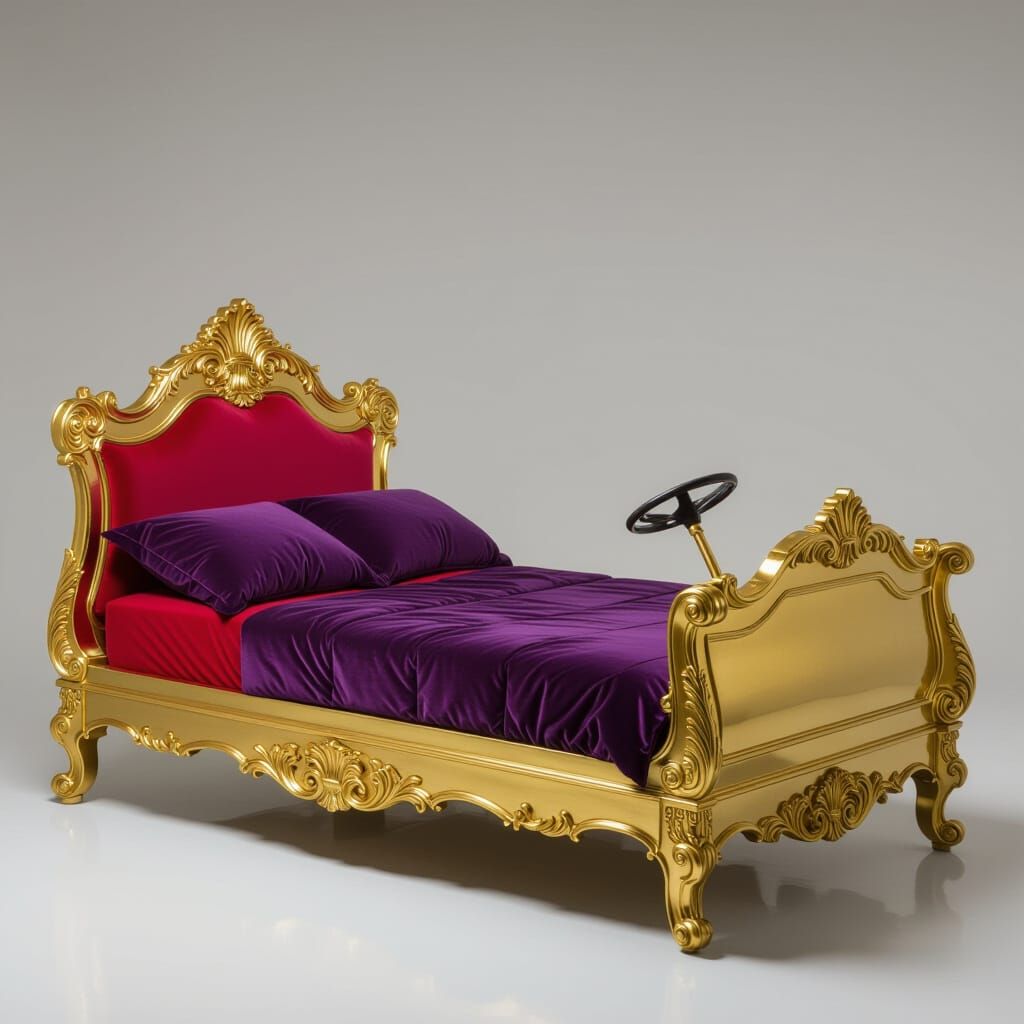 Baroque Golden Bed with Crimson Cushions in Chiaroscuro