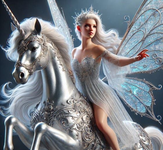 Silver and White Fairy Riding Unicorn