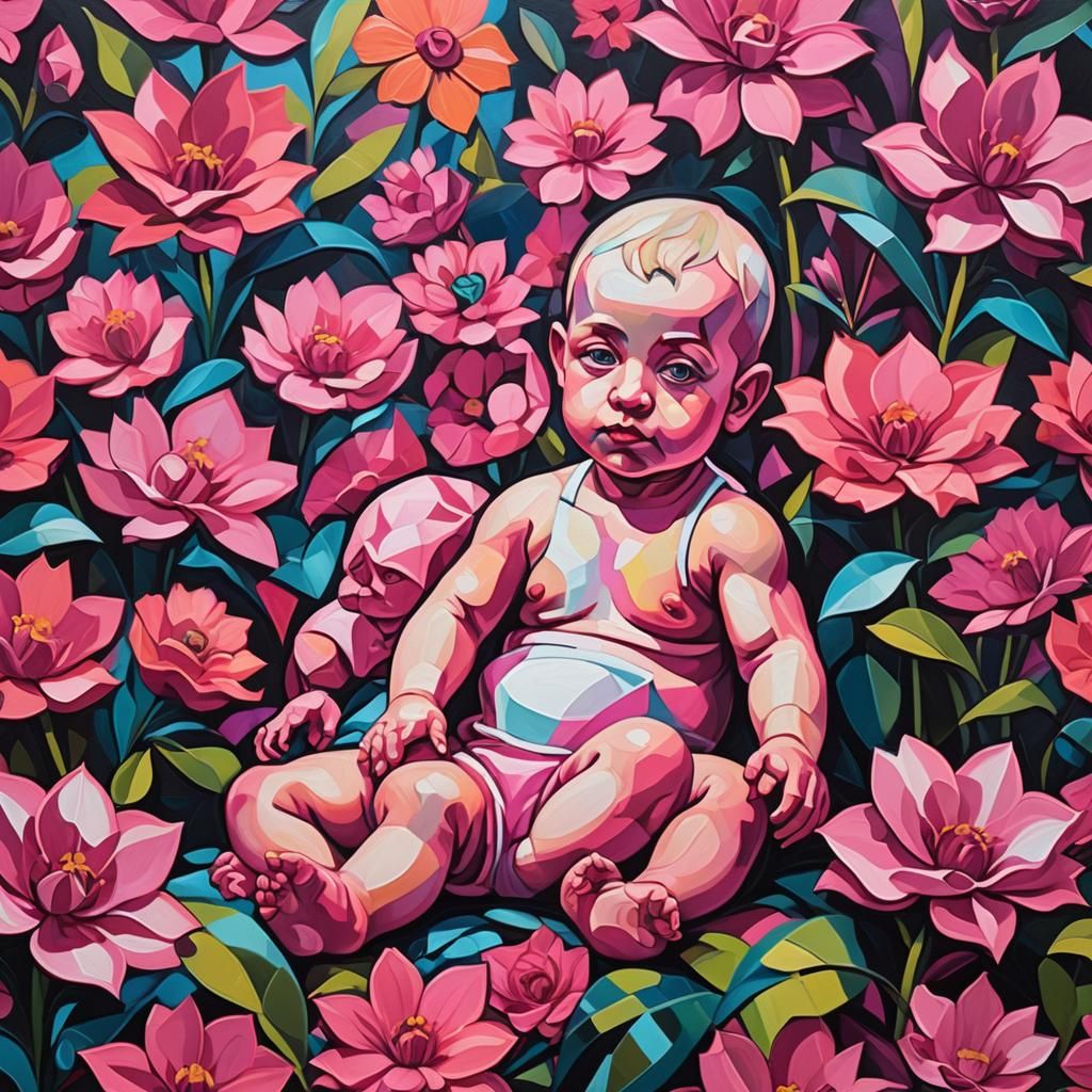 Caucasian Baby in diapers sitting in dark pink pink neon pink flowers