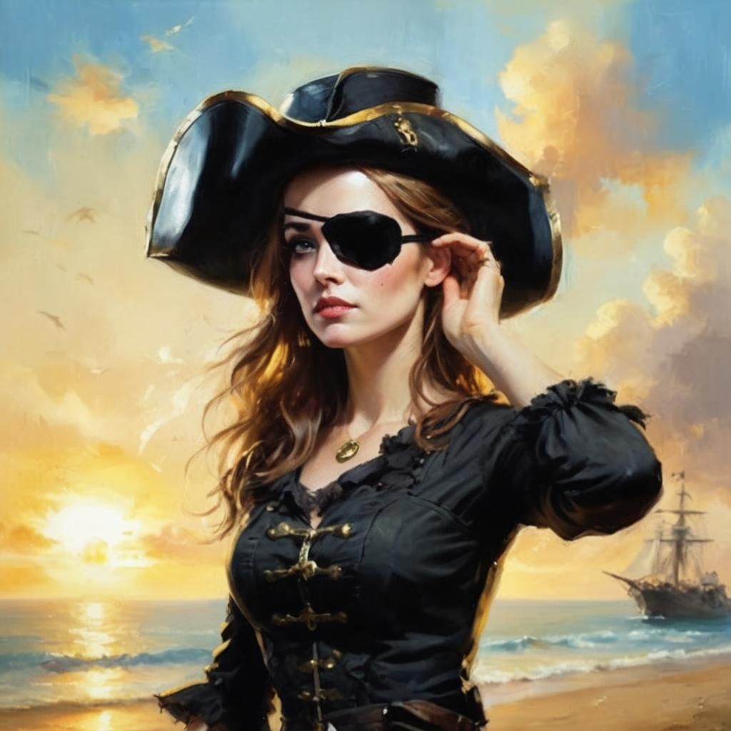 Oil on canvas portrait of a pirate girl on a sunset beach