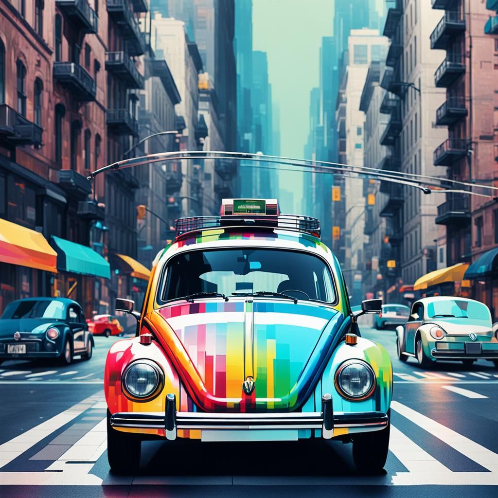 Portraits of vw beetles with fragmented, pixelated effects t...