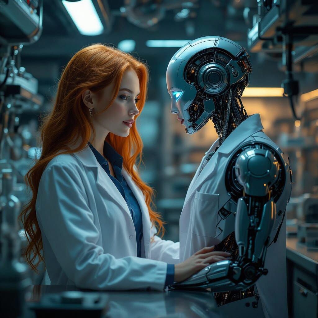  In a hidden laboratory, a beautiful scientist with long ginger hair gazes lovingly at her creation: a ...  by @Ramxxx