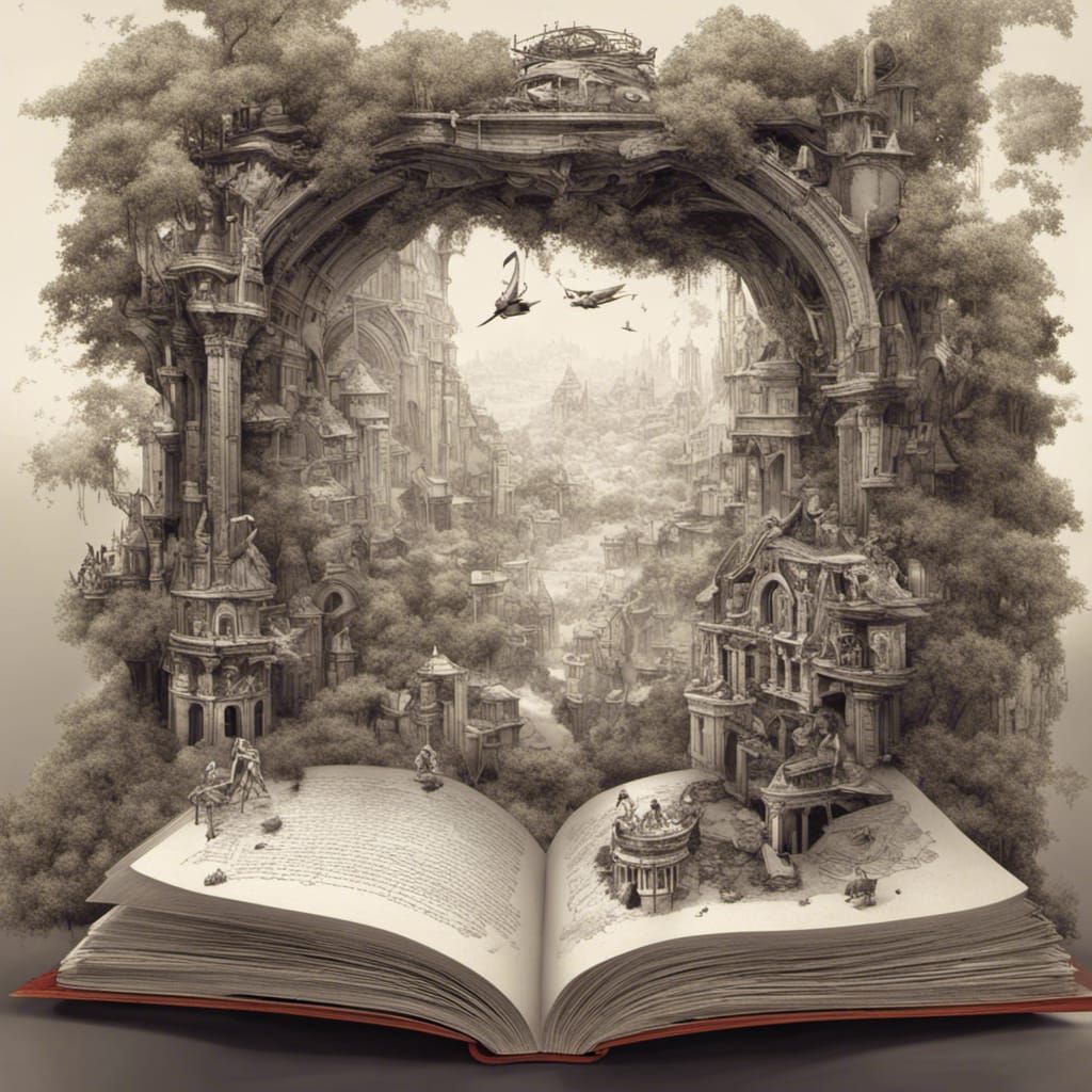 Miniature steampunk world coming out of an open microwave, m...