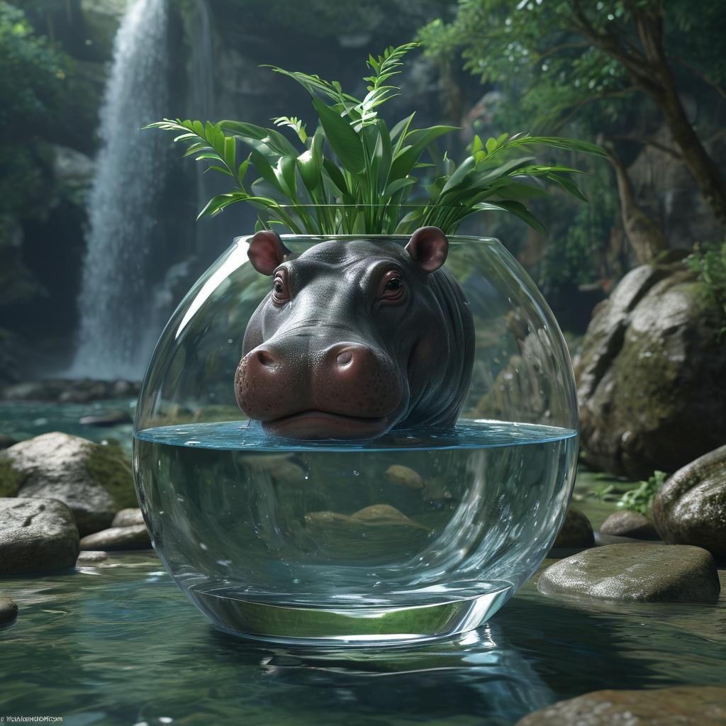 transparent glass vase in the shape of a hippopotamus face, inside an island with waterfalls