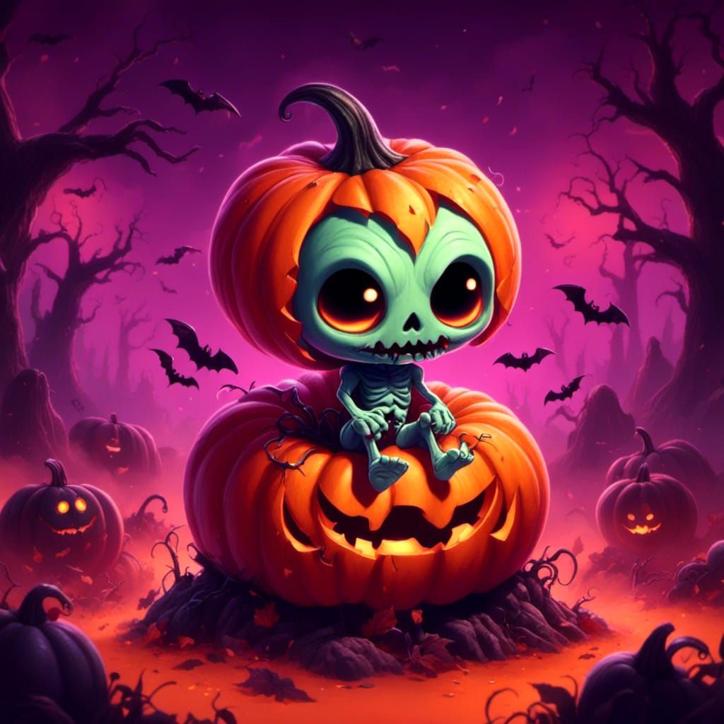 <lora:Cutie Pie Halloween:1.0> cute little zombie on pumpkin, digital illustration 