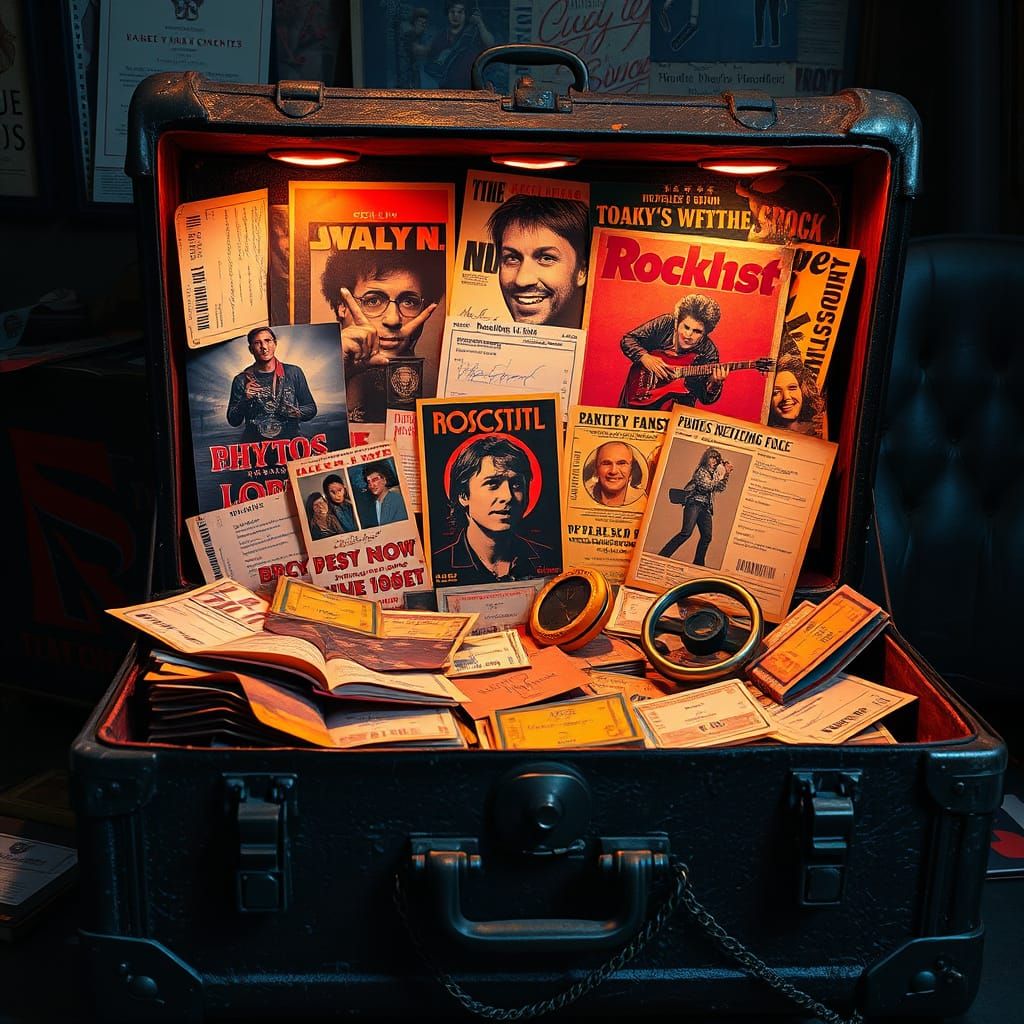 A beat-up black trunk that's a treasure chest of old 1980s photos, signed memorabilia, and ticket stubs ...  by @Tangled Serendipity