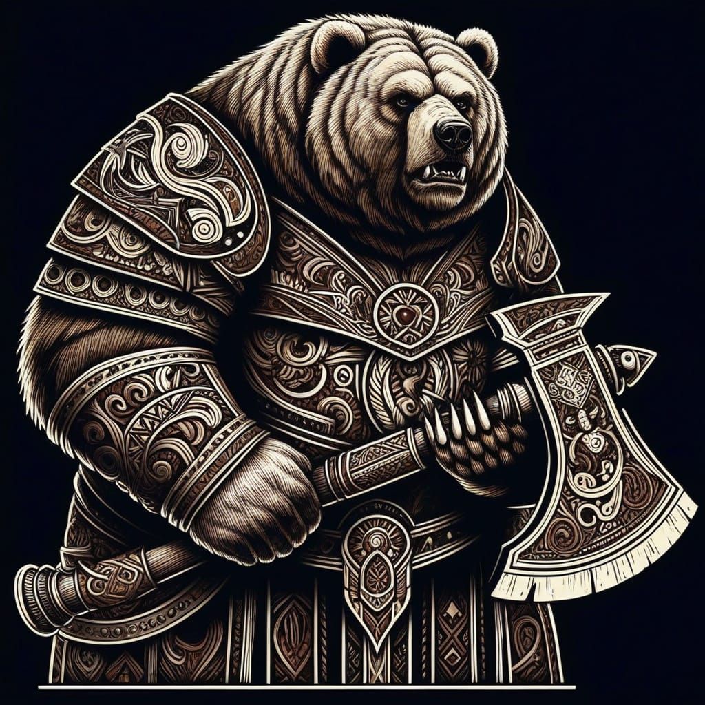 Tribal inlay design portrait: obese Kodiak Bear clad in ornate Victorian armor, wielding a massive battle axe, stands defiantly; The bear's ...