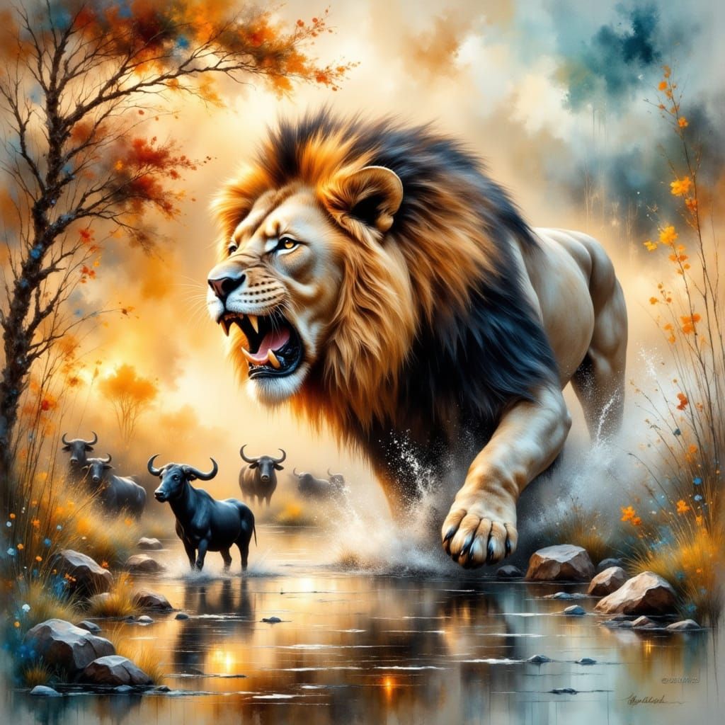 Roaring Lion Confronts Buffalo Herd as Impasto Painting