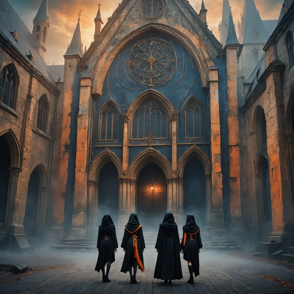 3 young women in a black silk leotard and hooded cloak stand...
